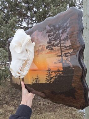 Vintage Wood Resin Sunset Wall Art with Wolf Skull Mount